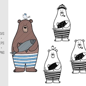 File plotter orso SVG Eps DXF PNG Orsetto svg Orso carino File laser Orso con pesce File di taglio laser Plotter Download digitale