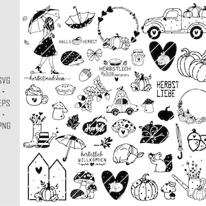 Archivo de trazador de otoño 40 cliparts, archivo de trazador de otoño alemán SVG DXF PNG, saludo de hola otoño, silueta de hoja de Cricut, paquete de trazado