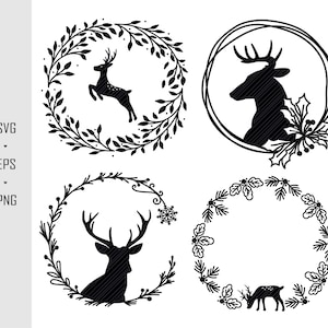 Könnte beinhalten: Vier schwarz-weiße Silhouetten-Designs von Rentieren in Kränzen. Die Kränze bestehen aus stilisierten Blättern und Zweigen. Ein Kranz hat eine Schneeflocke in der Ecke.