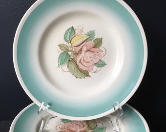 Susie Cooper Patricia Rose 10 Inch Dinner Plates Pink Flower Green Border Crown Works Burslem England 1930s English Dishes