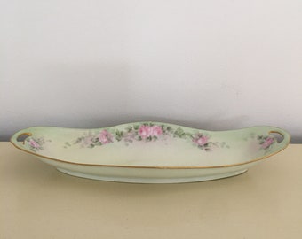 Antique Hand Painted Celery Dish Artist Signed Gwynn Pink Roses Two Handled Gold Gilt Trim Edwardian Era