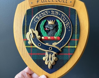 Clan Paterson Clan Crest Wood Wall Plaque Tartan and Motto Hand Carved and Painted Creag an Tuirc The Boar's Rock