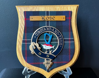 Clan Rose Clan Crest Wood Wall Plaque Tartan and Motto Fortitude Hand Carved and Painted