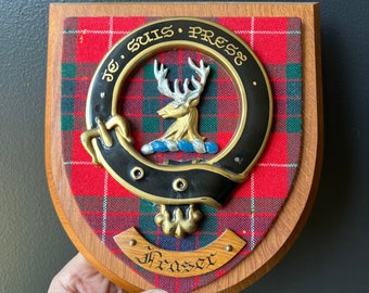 Clan Fraser Clan Crest Wood Wall Plaque Tartan and Motto Je Suis Prest Hand Carved and Painted Fraser of Lovat