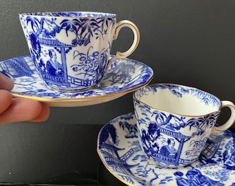 Royal Crown Derby Blue Mikado Tea Cup and Saucer Set Fine Bone China Edwardian Tea Time