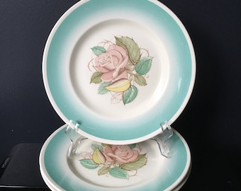 Susie Cooper Patricia Rose 9 Inch Dinner Plates Pink Flower Green Border Crown Works Burslem England 1930s English Dishes