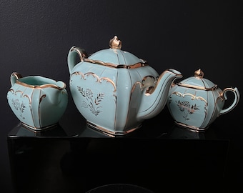 Sadler Blue Cube Teapot Tea Pot Cream and Sugar Set 2080 Gilded Gold Trim Antique England 1930s British Tea Set