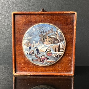 Victorian Prattware Pot Lid in Wood Frame Dangerous Skating 1870s Ceramic Antique Collectible