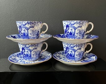 Royal Crown Derby Blue Mikado 4 Tea Cups and Saucers Fine Bone China Edwardian Tea Time