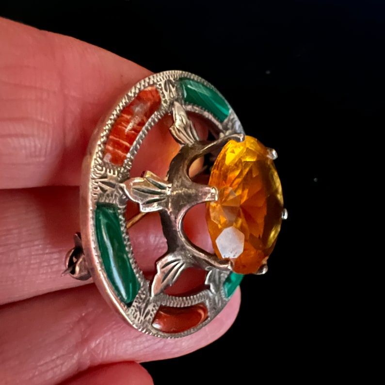 Belle Broche Vintage écossaise En Argent Sterling 925 Avec Cabochon D'ambre Doré