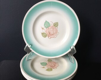 Susie Cooper Patricia Rose 7 Inch Side or Salad Plates Pink Flower Green Border Crown Works Burslem England 1930s English Dishes