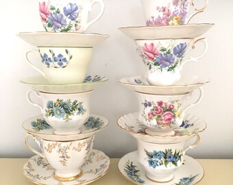 Lot of 8 Teacups and Saucers Matched Bone China Assortment Blue Lavender Floral Tea Cups Royal Albert Colclough Queen Anne Sutherland