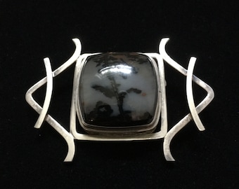 Mysterious Dendritic Agate Brooch Sterling Silver Chased Sterling Mount Moss Agate