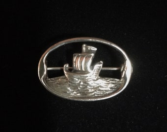 Sterling Silver Viking Ship Pin Fully Hallmarked Glasgow Scotland 1950s Robert Allison Brooch Celtic Scottish Norse Boat