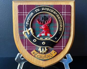 Clan Crawford Clan Crest Wood Wall Plaque Tartan and Motto Hand Carved and Painted Tutum Te Robore Reddam