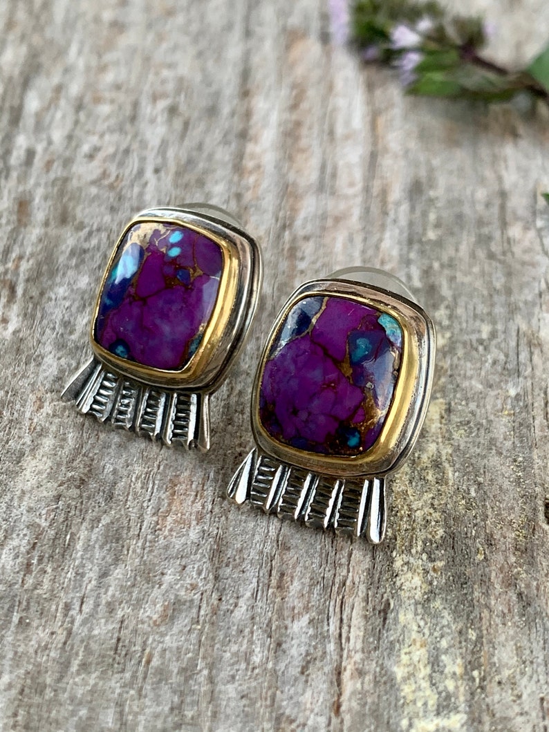 Artisan Made 22kt Gold set Mohave Turquoise in Sterling Silver Earrings