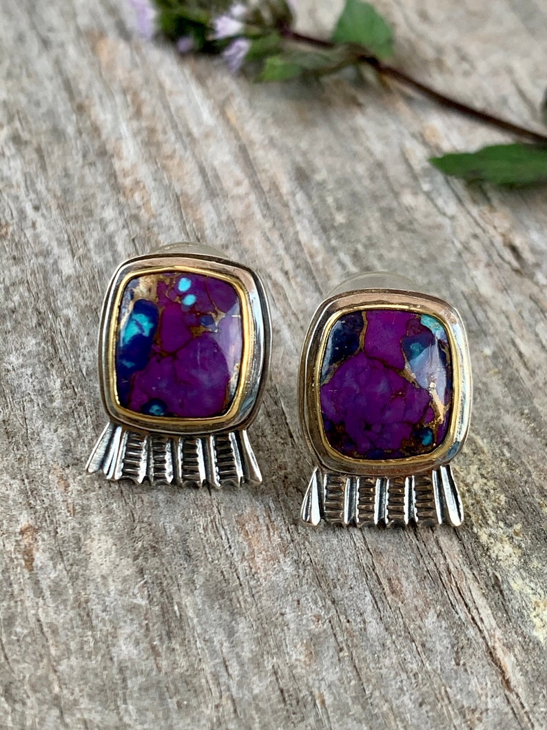 Artisan Made 22kt Gold set Mohave Turquoise in Sterling Silver Earrings