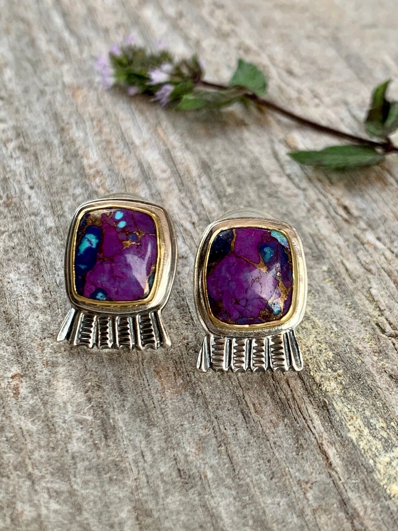 Artisan Made 22kt Gold set Mohave Turquoise in Sterling Silver Earrings