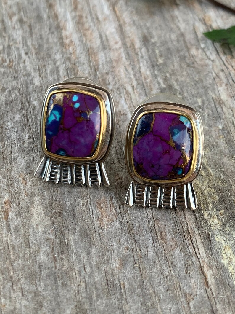 Artisan Made 22kt Gold set Mohave Turquoise in Sterling Silver Earrings