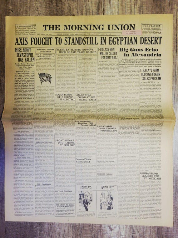 1942 July 4: Morning Union (NV/CA) Standstill In Egypt / World War 2 Headlines