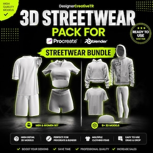 Może przedstawiać: Czarna grafika z tekstem "3D STREETWEAR PACK FOR Procreate & Blender" oraz różnymi modelami odzieży 3D, w tym koszulką, szortami, bluzą z kapturem i spodniami. Obraz zawiera również tekst "STREETWEAR BUNDLE".