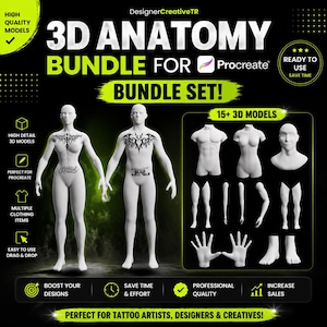 May include: A promotional image for a 3D anatomy bundle for Procreate, featuring 3D models of male and female figures with tattoos. The image includes text that reads "3D Anatomy Bundle for Procreate" and "Perfect for Tattoo Artists, Designers & Creatives!"