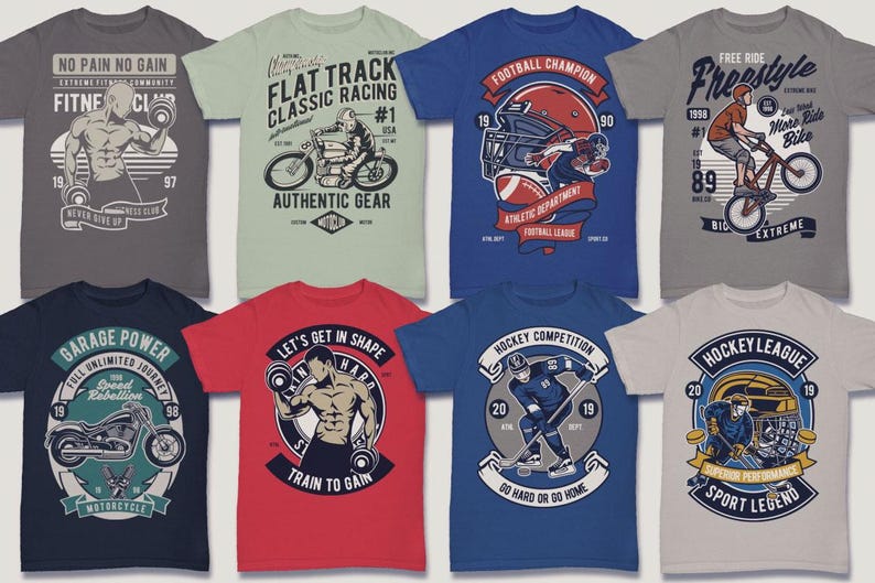 May include: Ten different t-shirt designs featuring various sports and activities. The designs include a motorcycle, a bicycle, a football helmet, a hockey player, a weightlifter, and a race car. The shirts are all in different colors and have a variety of text and graphics.