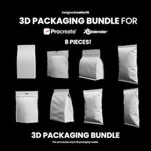 Op de afbeelding: Een set van acht 3D-verpakkingsmodellen voor gebruik in Procreate en Blender. De modellen zijn wit en hebben verschillende soorten zakken en tassen.