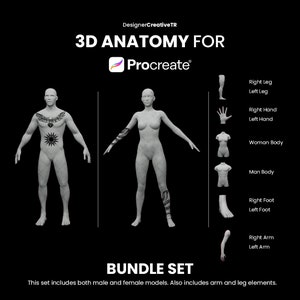 Procreate 3D Models Bundle, 3D Man model, 3D arm model, 3D leg model, 3D torso, Procreate 3D human body, Model tattoo, Tattoo mockup image 1