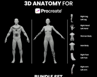 Procreate 3D-modellenbundel, 3D-manmodel, 3D-armmodel, 3D-beenmodel, 3D-torso, Procreate 3D-menselijk lichaam, Modeltattoo, Tattoo-mockup