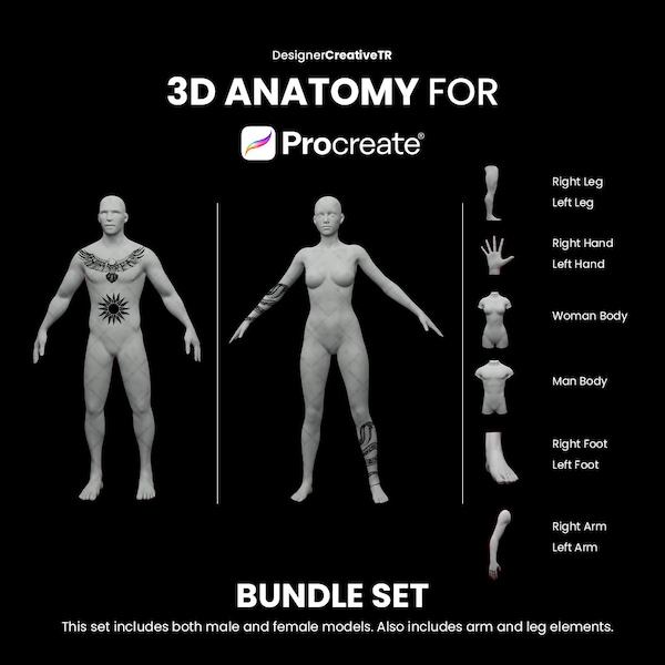 Procreate 3D-modellenbundel, 3D-manmodel, 3D-armmodel, 3D-beenmodel, 3D-torso, Procreate 3D-menselijk lichaam, Modeltattoo, Tattoo-mockup