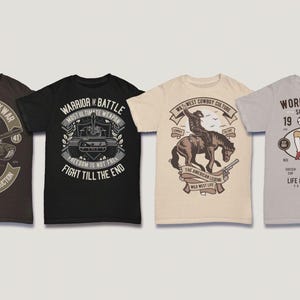 May include: Four different t-shirt designs featuring various graphic prints. The first shirt is brown with a tank and the text "Ultimate Tank War". The second shirt is black with a tank and the text "Warrior to Battle". The third shirt is beige with a cowboy riding a horse and the text "Wild West Cowboy Culture". The fourth shirt is gray with a soccer player and the text "World League Soccer Club".