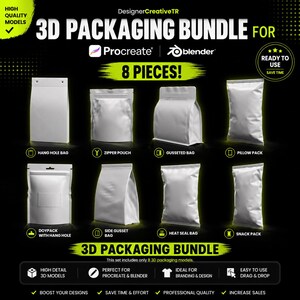 May include: An image displaying a 3D packaging bundle with various bag designs, such as hang hole, zipper pouch, and gusseted bags. The text states "3D Packaging Bundle for Procreate & Blender" and highlights "8 Pieces!"