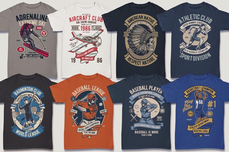 May include: Ten different t-shirt designs featuring various sports themes. The designs include illustrations of skiers, airplanes, Native American headdresses, runners, badminton players, baseball players, and basketball players. The shirts are in various colors, including gray, white, blue, orange, and black.