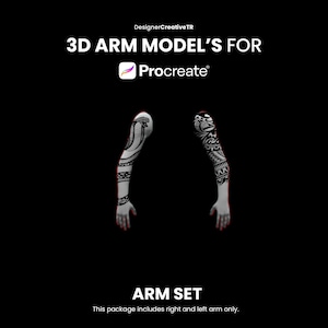 May include: Two 3D arm models for Procreate, one with a snake tattoo and the other with a tribal design. The arms are white and the tattoos are black.