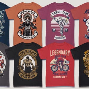 May include: Ten different t-shirt designs featuring various graphic prints. The designs include a karate fighter, a motorcycle rider, a weightlifter, a biker, and an Egyptian pharaoh. The shirts are all in different colors, including black, red, blue, and grey.