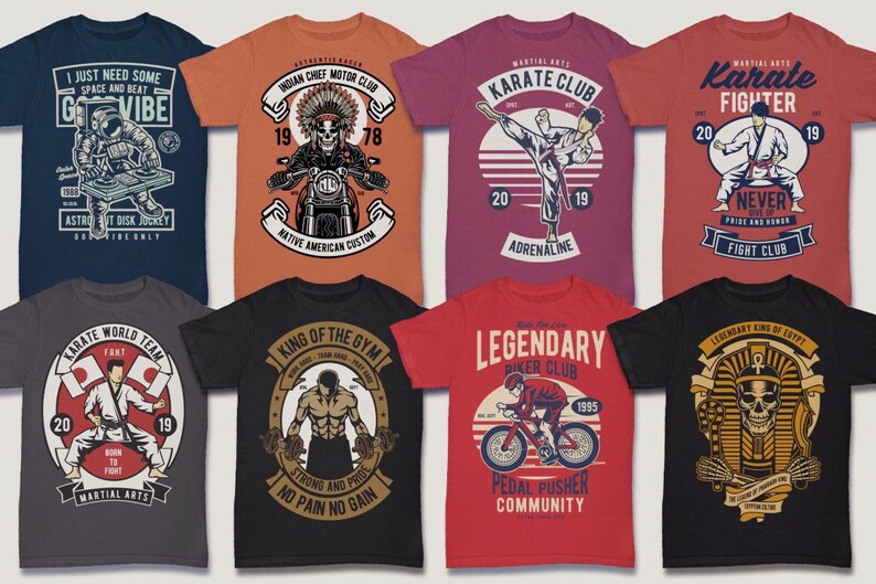 May include: Ten different t-shirt designs featuring various graphic prints. The designs include a karate fighter, a motorcycle rider, a weightlifter, a biker, and an Egyptian pharaoh. The shirts are all in different colors, including black, red, blue, and grey.