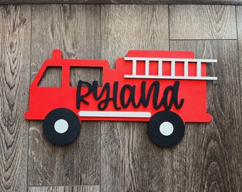 Custom Firetruck Wood Sign Kids Layered 3D Decor For Nursery Homemade Personalized Name Wall Art Gift For Boys Room Girls Room Red Plaque