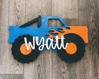 Custom Monster Truck Wood Sign Kids Layered 3D Decor For Nursery Homemade Personalized Name Wall Art Gift For Boys Room Blue Vehicle Plaque
