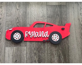 Custom Racecar Wood Sign Kids Layered 3D Decor For Nursery Homemade Personalized Name Wall Art Gift For Boys Room Girls Room Red Plaque