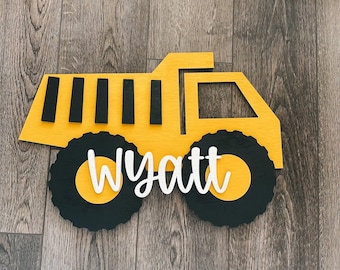 Custom Dump Truck Wood Sign Kids Layered 3D Decor For Nursery Homemade Personalized Name Wall Art Gift For Boys Room Yellow Vehicle Plaque