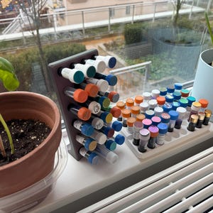 May include: A display of small glass vials with coloured caps, organised in a wooden rack and a white tray. The vials contain different liquids. A potted plant is on the left, and another in a blue pot on the right.