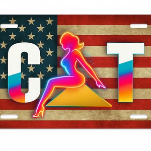 K&ouml;nnte beinhalten: Rechteckiges Nummernschild mit amerikanischer Flagge im Hintergrund. Es zeigt eine Neon-Frauenfigur und die Buchstaben "GT". Die Buchstaben und die Figur haben einen Farbverlauf mit Blau-, Rosa- und Gelbt&ouml;nen.