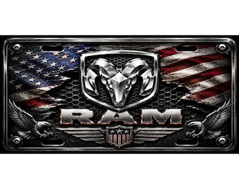 Patriotic Ram Head License Plate, American Flag Truck Front Tag, Metal Eagle Garage Wall Decor, Man Cave Gift for Dad, Husband, Veteran