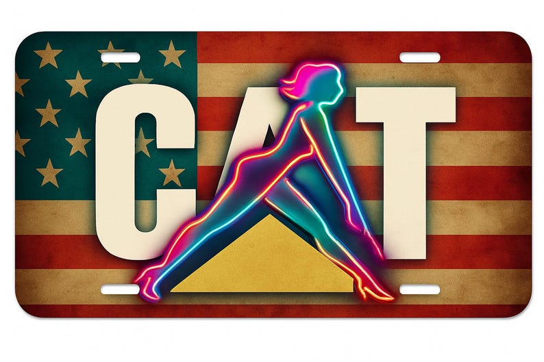 K&ouml;nnte beinhalten: Kennzeichen mit dem Wort "CAT" und einer Neonfigur auf einem amerikanischen Flaggen-Design. Das Schild hat einen verwitterten, Vintage-Look mit einem goldenen Dreieck.