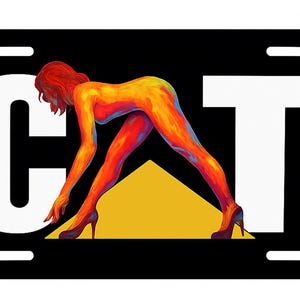 K&ouml;nnte beinhalten: Schwarzes Nummernschild mit den wei&szlig;en Buchstaben "CAT" und einem stilisierten Bild einer Person in geduckter Haltung. Die Person ist in leuchtenden Rot-, Orange- und Gelbt&ouml;nen gemalt.