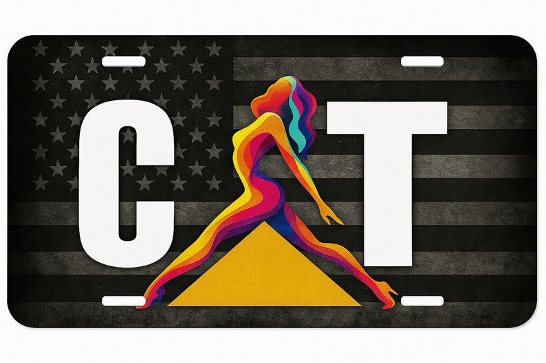 K&ouml;nnte beinhalten: Kennzeichen mit stilisiertem Design. Der Hintergrund zeigt eine schwarz-graue amerikanische Flagge. Das Wort "CAT" wird in wei&szlig;en Blockbuchstaben angezeigt. Eine farbenfrohe Figur in Gelb-, Orange-, Rosa- und Blaut&ouml;nen befindet sich in der Mitte.