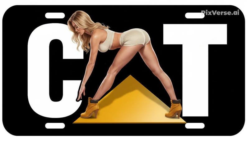 May include: A rectangular black license plate featuring the large white letters C and T on the sides. Between the letters, a person with blonde hair wears a beige crop top and shorts, standing in a wide stance over a yellow triangle.