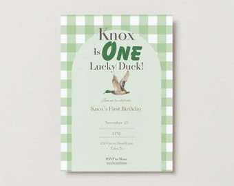 One Lucky Duck Editable Template 1st Birthday Green White Canva Instant Download Boy First Birthday Party Invitation