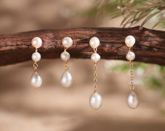 Pendientes de perlas colgantes hechos a mano: plata de ley bañada en oro, joyería nupcial, pendientes bohemios, pendientes minimalistas